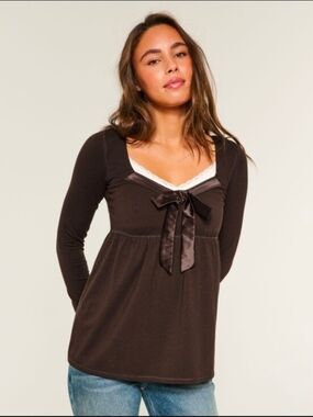 Hollister Brown Long Sleeve Top with Satin Bow